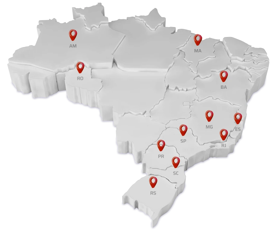 Mapa do Brasil com marcações de presença nacional representando atuação de consultoria financeira em diversos estados